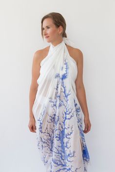 "Designer: Liga Kandele Material: 50% silk and 50% cotton blend lightweight fabric Colour: blue and white Size: 139 cm X 193 cm ( app. 54.7\" X 76\") Gift wrapped This super light silk cotton sarong with abstract coral reef and seashell print is personally hand painted beach sarong by me and it's unique piece of art to wear. It is perfect to bring with you in your travels, because it's very lightweight and you can wear it in many ways. Perfect beach cover up, wrap dress and shawl for evenings. I Batik Sarong, Wedding Dresses Indian, Seashell Print, Sukienki Plus Size, Light Silk, Beach Sarong, Silk Scarf Painting, Hand Painted Silk Scarf, Fabric Colour