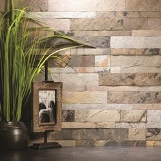 a stone wall with a potted plant next to it and an old photo frame