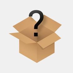 an open cardboard box with a question mark on the lid and a black object in it