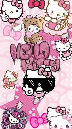 an image of hello kitty wallpapers on a pink background with hello kitty characters