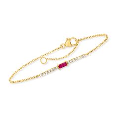 Ross-Simons - .10ct Ruby, .11ct t. w. Diamond Bar Bracelet in 14kt Yellow Gold. 6.5". RS Pure. Modern designs that complete your outfit and complement your personality. This dainty bracelet features a slim bar with a .10 carat baguette ruby and .11 ct. t. w. diamonds in polished 14kt yellow gold. Simple cable chain with a 1/2" extender. Lobster clasp, diamond and ruby bar bracelet. Ruby birthstones are the perfect gift for July birthdays. Diamond Bar Bracelet, Ruby Birthstone, Bar Bracelet, Gold Sign, Dainty Bracelet, Diamond Bar, Jewelry Essentials, Ruby Stone, Fine Jewelry Bracelets