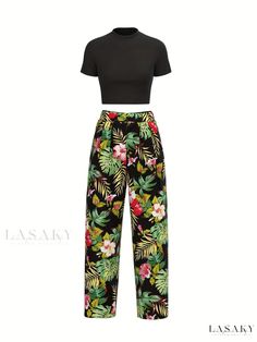 Lasaky - Stylish Coordinated Ensemble: Chic Short Sleeve Crop T-shirt with Solid Hue + Trendy Wide Leg Pants featuring Exquisite Plant Print, Womens Fashion Casual Summer Floral Print Pant Set, Casual Floral Print Pant Set For Summer, Casual Short Sleeve Pant Set For Vacation, Casual Black Pant Set For Spring, Crop T Shirt, Plant Print, Crop Tshirt, Casual Fits, Types Of Printing