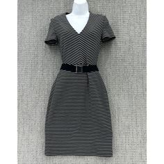 Hugo Boss Sheath Dress Womens Size 2 Black White Hedra Belted Striped V-Neck Short Sleeve Nwt Lined V-neck Mini Dress For Work, Chic Bodycon Dress For Business Casual, Fitted V-neck Midi Dress For Office Wear, Formal V-neck Lined Midi Dress, Dressy V-neck Dress For Office, Spring V-neck Dress For Office, Fitted V-neck Midi Dress For Career, Fitted V-neck Dress For Work, Spring V-neck Mini Dress For Office Wear