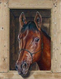 a painting of a brown horse in a wooden frame