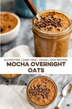 Mocha Overnight oats are the perfect healthy breakfast in a jarThis simple recipe is so easy to put together and is packed with proteinMade with oatschia seedscoffeedairy free milk and protein powderthis recipe is gluten free and dairy free and the perfect meal prep breakfast idea