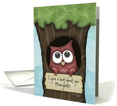 a card with an owl in a tree holding a sign that says, melissa owl be thinking of you