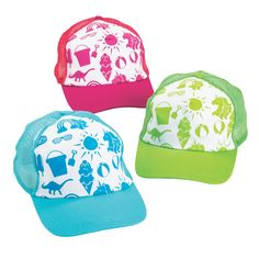 Hats make the perfect giveaway or prize, but they're especially great when they feature fun colors and summer images. These trucker hats manage to be both fun and functional, with mesh backing to keep heads cool and colors and designs that make the wearer look cool. Hand these hats out as giveaways or prizes and watch people smile as they put on the hat, grateful for the gift. Cotton. 24" circ. with adjustable strap. Retail-ready. © OTC Fun Summer Baseball Cap With Uv Protection, Green Trucker Hat For Beach, Green Trucker Hat For The Beach, Green Mesh Summer Hat, Summer Green Mesh Hat, Summer Playful Snapback Trucker Hat, Mesh Baseball Cap For Summer, Summer Mesh Baseball Cap, Beach Mesh Snapback Hat