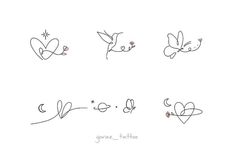 four different types of tattoos with hearts and birds on them, all in one line