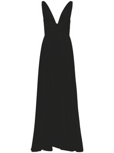 black silk V-neck V-back sleeveless long length Sleek V-neck Evening Dress For Gala, Silk V-neck Evening Dress For Night Out, Evening V-neck Maxi Dress With Fitted Bodice, Chic V-neck Evening Dress With Back Opening, Elegant Silk V-neck Gown, Black Silk Evening Dress With Back Opening, Silk V-neck Bias Cut Gown, V-neck Evening Dress With Bias Cut For Gala, V-neck Bias Cut Evening Dress For Gala