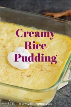 creamy rice pudding in a glass dish with whipped cream on top