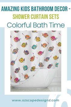 the shower curtain is decorated with colorful fish