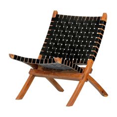 a wooden chair with black and white fabric on it