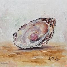 a painting of an oyster on a wooden table