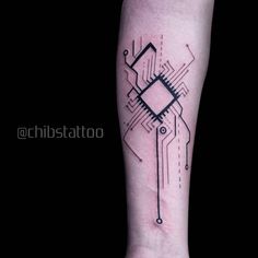 a black and white tattoo design on the arm, with lines coming out of it