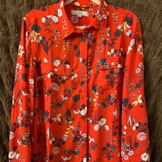 Floral, Never Worn, Red Floral, Loft By Ann Taylor Blouse Red Floral Print Blouse For Work, Workwear Red Blouse With Floral Print, Red Floral Print Top For Work, Red Floral Print Shirt For Spring, Red Floral Print Top For Workwear, Red Floral Print Tops For Work, Spring Red Workwear Blouse, Red Floral Print Button-up Blouse, Red Spring Workwear Blouse