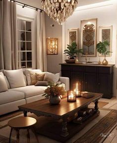 a living room filled with furniture and a chandelier