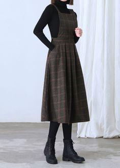 Brown Workwear Dress With Pockets, Fitted Fall Pinafore Dress With Pockets, Winter Wool Tweed Dress Knee-length, Knee-length Wool Tweed Dress For Winter, Winter Wool Tweed Knee-length Dress, Winter Midi Dress With Pockets, Fall Dresses With Slip Pockets, Fitted Knee-length Pinafore Dress For Fall, Knee-length Fitted Pinafore Dress For Fall