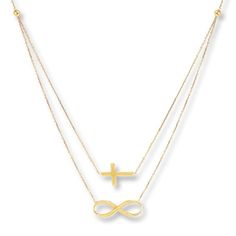 This chic layered necklace for her features a sideways cross and infinity symbol styled in 14K yellow gold. The pendants hang from a double cable chain that is adjustable from 16 to 18 inches and secures with a lobster clasp. This necklace is from the East2West Collection. Infinity Symbol Tattoo, Infinity Tattoos, Dragon Tattoo Designs, Skull Tattoo Design, Necklace For Her, Pearl Jewelry Necklace, Bib Necklaces, Infinity Symbol, Chains Necklaces