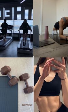 a woman doing exercises on a treadmill, and in front of a gym machine