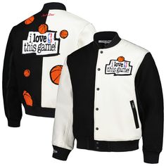 Mitchell & Ness collaborated with luxury sportswear brand Just Don to create this exclusive full-snap jacket for passionate NBA fans. Its two-tone design features soft chenille patches displaying "I Love This Game!" and basketballs on the front and back. Zippered pockets keep personal items secure in this stylish piece of NBA outerwear. Hand wash, dry flat Long sleeve Officially licensed Stand-up collar Material: 65% Wool/35% Viscose Imported Heat-sealed fabric appliques with embroidered and White Varsity Jacket With Button Closure, White Varsity Jacket With Embroidered Logo For Streetwear, Fall White Outerwear With Embroidered Logo, White Varsity Outerwear With Embroidered Logo, White Sporty Outerwear With Baseball Collar, White Varsity Jacket With Embroidered Logo, White Streetwear Outerwear With Embroidered Logo, White Urban Varsity Jacket For Sports, White Varsity Jacket With Embroidered Logo For Winter