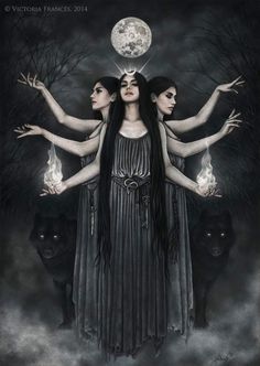 three women standing in front of a full moon