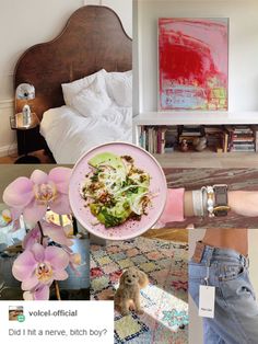 a collage of photos with flowers and food in the middle, including a woman's hand holding a plate