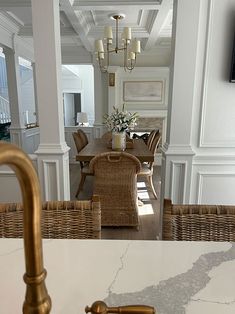 the kitchen counter is clean and ready to be used as a dining room table with chairs