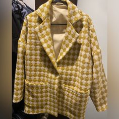 Brand New, Never Had Tags, Hand Made Wool Jacket. This Is A Beautiful Jacket And I Am So Sad, But It Is Simply Too Big For Me And I Am Not Able To Return It. Yellow Single Breasted Blazer For Fall, Yellow Single-breasted Blazer For Fall, Yellow Single-breasted Long Sleeve Blazer, Trendy Long Sleeve Yellow Blazer, Trendy Yellow Long Sleeve Blazer, Trendy Yellow Outerwear For Work, Chic Yellow Blazer With Lapel Collar, Yellow Outerwear With Lapel Collar For Work, Yellow Lapel Collar Outerwear For Work