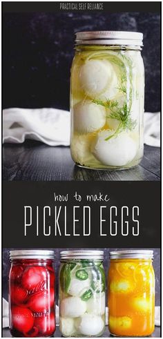 four jars filled with pickled eggs on top of a table