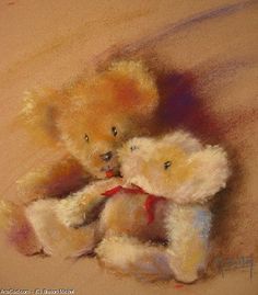 two teddy bears sitting next to each other on a brown background with pastel colors