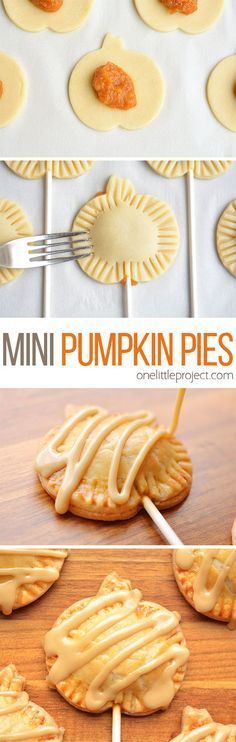 mini pumpkin pies with icing on them are ready to be baked in the oven