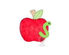 an apple with a worm in it's middle, and the words sweet apple written below