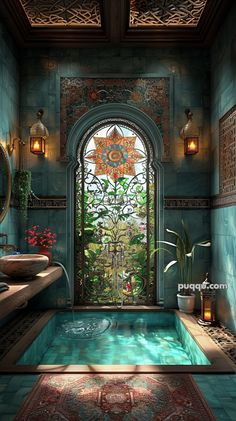 an indoor swimming pool surrounded by plants and lights with a large arched doorway leading to the outside