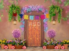 a painting of flowers and plants in front of a door with lights hanging from it