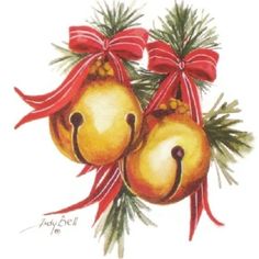 two golden bells with red bows on them are hanging from a christmas tree ornament