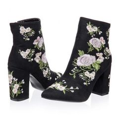 Floral Embroidered Black Suede Pointed Toe Ankle Boots on Luulla Embroidered Pointed Toe Boots For Fall, Spring High Heel Boots With Floral Embroidery, Black Floral Embroidery Boots For Fall, Black Boots With Floral Embroidery For Fall, Trendy Embroidered Winter Boots, Embroidered High Heel Boots For Spring, Fall Embroidered High Heel Boots, Elegant Embroidered Pointed Toe Boots, Party Boots With Floral Embroidery And Round Toe