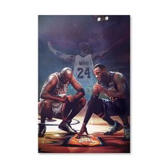 two basketball players sitting on the floor in front of an image of him and his teammate