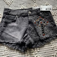 Brand New Dark Grey Denim Embellished Top Shop Shorts. Studded Details In Shape Of Cross. 3 Button Closure. Usa Size 4 W26 Embroidered Mom Jeans, Cheeky Shorts, Embellished Shorts, Mom Denim, Cutoff Jean Shorts, Mom Jeans Shorts, Topshop Jeans, Lined Jeans, Petite Shorts