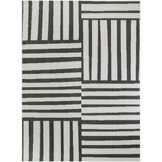 black and white striped rug with vertical stripes on the bottom, in two different sizes