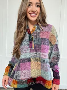 DETAILS Colorful plaid hoodie Soft, fleece material Half button closure Oversized fit SIZING INFO Oversized fit Chelsea is wearing size small MEASUREMENTS Size US Top Length Shoulder Bust Sleeve Length S 2/4 25.6 23.2 46.5 19.5 M 6/8 26 24.4 48.8 19.5 L 10/12 26.4 25.6 51.2 19.5 XL 14 26.8 26.8 53.5 19.5 1XL 14/16 27.2 26 55.1 19.5 2XL 18/20 27.6 26.8 59.1 19.5 3XL 22/24 28 27.6 63 19.5 MATERIALS AND CARE 95% polyester, 5% spandex Please see care label for washing instructions Drop Shoulder Hoodie, Plaid Hoodie, Care Label, Washing Instructions, Oversized Fits, Plaid, Sleeve Length, Purple, How To Wear