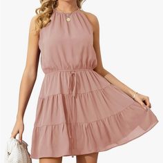 Light Pink Dress, Never Worn. High Neck With Cut Out In Back. Light And Flowy. Flowy Summer Outfits, Women Chiffon Blouse, One Shoulder Cocktail Dress, Light Pink Dress, Dress Flowy, Ruffle Romper, Cute Summer Dresses, Sleeveless Tops, Halterneck Dress