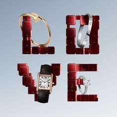 four different types of watches and bracelets on display with blue sky in the background