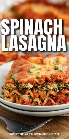 spinach lasagna on a plate with text overlay