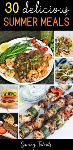 the cover of 30 delicious summer meals with images of grilled meats and vegetables