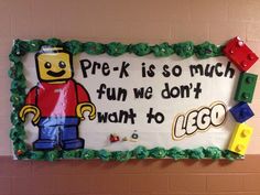 a sign with legos on it that says pre - kids so much fun we don't want to be lego