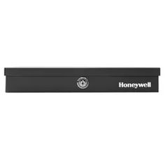 the honeywell logo is shown on this black metal box with white lettering and a round emblem