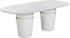 two white vases sitting next to each other on top of a table with a bench in the middle