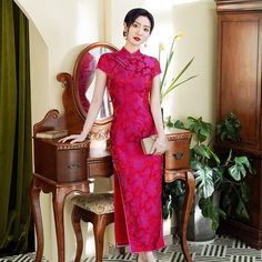 Beth and Brian Qipao-TL bethandbrianqipao Formal Fitted Pink Cheongsam, Pink Elegant Fitted Ao Dai, Pink Fitted Elegant Ao Dai, Elegant Fitted Pink Ao Dai, Pink Fitted Cheongsam With Short Sleeves, Casual Qipao, Qipao Black, Long Qipao, Black Cheongsam