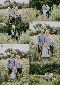 a collage of family photos taken in an open field with tall grass and trees