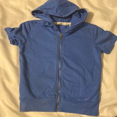 Nwot Vintage Blue Tommy Hilfiger Cropped Zip Up Short Sleeve Hoodie With Embroidery On Back Size Small Junior Or Women Short Sleeve Zip Up Hoodie, Cropped Zip Up, Tommy Hilfiger Tops, Short Sleeve Jacket, Short Sleeve Hoodie, Crop Jacket, Hoodie Jacket, Zip Ups, Tommy Hilfiger